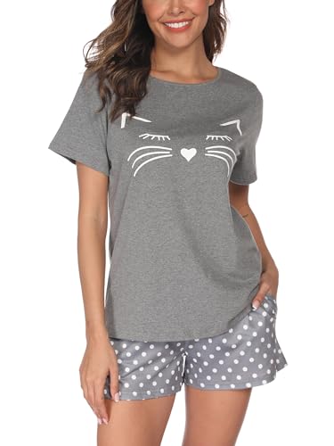 Reliwel Schlafanzug Damen Kurz Baumwolle Shorty Pyjama Damen Katzen Kurzarm Nachtwäsche Set Zweiteiliger Hausanzug Loungewear von Reliwel