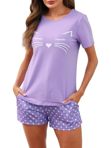 Reliwel Schlafanzug Damen Kurz Baumwolle Shorty Pyjama Damen Katzen Kurzarm Nachtwäsche Set Zweiteiliger Hausanzug Loungewear von Reliwel