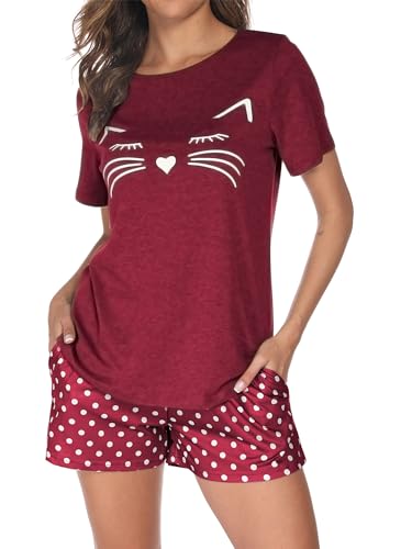 Reliwel Schlafanzug Damen Kurz Baumwolle Shorty Pyjama Damen Katzen Kurzarm Nachtwäsche Set Zweiteiliger Hausanzug Loungewear von Reliwel