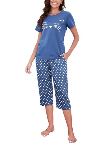 Reliwel Schlafanzug Damen Kurz Pyjama Set Baumwolle Zweiteiliger Womens Pyjamas Kurzarm T Shirt und 3/4 Lang Pyjamahose Hausanzug Sommer Sleepwear von Reliwel