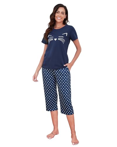 Reliwel Schlafanzug Damen Kurz Pyjama Set Baumwolle Zweiteiliger Womens Pyjamas Kurzarm T Shirt und 3/4 Lang Pyjamahose Hausanzug Sommer Sleepwear von Reliwel