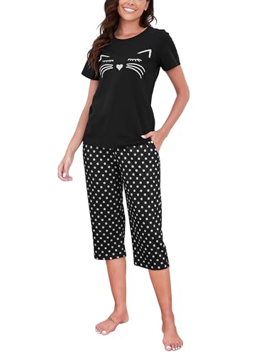 Reliwel Schlafanzug Damen Kurz Pyjama Set Baumwolle Zweiteiliger Womens Pyjamas Kurzarm T Shirt und 3/4 Lang Pyjamahose Hausanzug Sommer Sleepwear von Reliwel