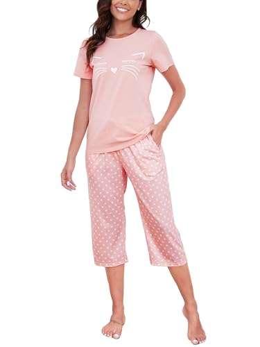 Reliwel Schlafanzug Damen Kurz Pyjama Set Baumwolle Zweiteiliger Womens Pyjamas Kurzarm T Shirt und 3/4 Lang Pyjamahose Hausanzug Sommer Sleepwear von Reliwel