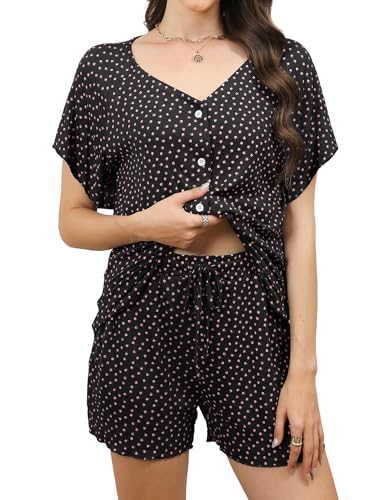 Reliwel Schlafanzug Damen Kurz Rippen Pyjama Damen Baumwolle Sommer Shorty Nachtwäsche mit Knopfleiste Kurzarm V-Ausschnitt Zweiteiliger T Shirt Und Shorts mit Blumendruck Hausanzug Schwarz, M von Reliwel