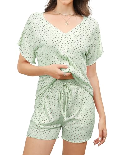 Reliwel Schlafanzug Damen Kurz Rippen Pyjama Damen Baumwolle Sommer Shorty Nachtwäsche mit Knopfleiste Kurzarm V-Ausschnitt Zweiteiliger T Shirt Und Shorts mit Blumendruck Hausanzug Grün, XL von Reliwel
