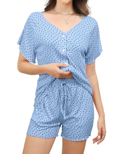 Reliwel Schlafanzug Damen Kurz Rippen Pyjama Damen Baumwolle Sommer Shorty Nachtwäsche mit Knopfleiste Kurzarm V-Ausschnitt Zweiteiliger T Shirt Und Shorts mit Blumendruck Hausanzug Blau, L von Reliwel