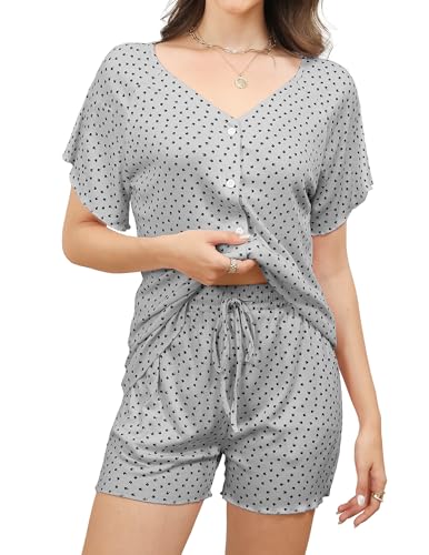 Reliwel Schlafanzug Damen Kurz Rippen Pyjama Damen Baumwolle Sommer Shorty Nachtwäsche mit Knopfleiste Kurzarm V-Ausschnitt Zweiteiliger T Shirt Und Shorts mit Blumendruck Hausanzug Grau, XXL von Reliwel