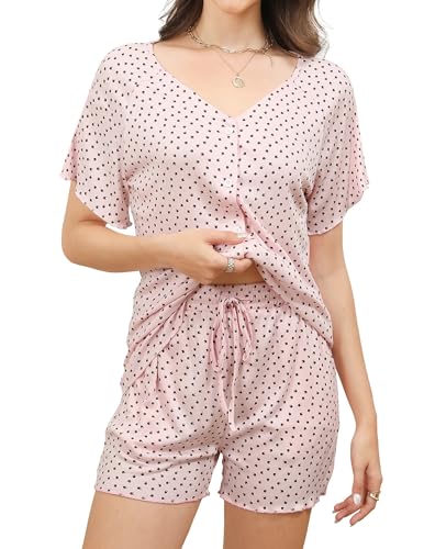 Reliwel Schlafanzug Damen Kurz Rippen Pyjama Damen Baumwolle Sommer Shorty Nachtwäsche mit Knopfleiste Kurzarm V-Ausschnitt Zweiteiliger T Shirt Und Shorts mit Blumendruck Hausanzug Rosa, XL von Reliwel