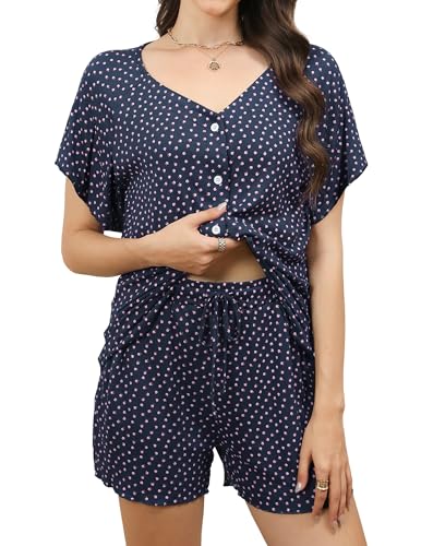 Reliwel Schlafanzug Damen Kurz Rippen Pyjama Damen Baumwolle Sommer Shorty Nachtwäsche mit Knopfleiste Kurzarm V-Ausschnitt Zweiteiliger T Shirt Und Shorts mit Blumendruck Hausanzug Navy blau, XXL von Reliwel