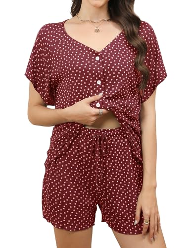 Reliwel Schlafanzug Damen Kurz Rippen Pyjama Damen Baumwolle Sommer Shorty Nachtwäsche mit Knopfleiste Kurzarm V-Ausschnitt Zweiteiliger T Shirt Und Shorts mit Blumendruck Hausanzug Weinrot, M von Reliwel
