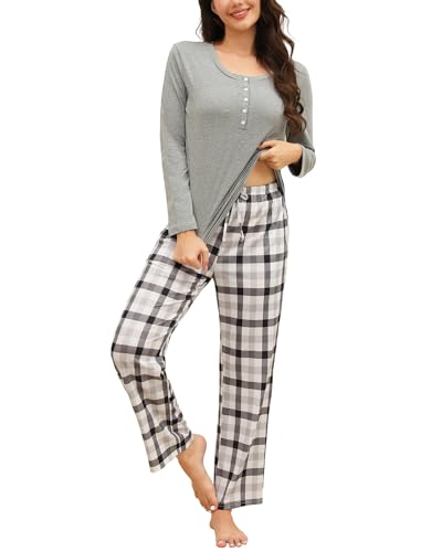 Reliwel Schlafanzug Damen Lang Bequemer Baumwolle Pyjama Damen mit Knopfleiste Zweiteiliger Nachtwäsche Rundhals Elastischer Bund Taschen Sleepwear für Frühling Herbst von Reliwel