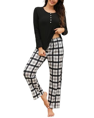 Reliwel Schlafanzug Damen Lang Bequemer Baumwolle Pyjama Damen mit Knopfleiste Zweiteiliger Nachtwäsche Rundhals Elastischer Bund Taschen Sleepwear für Frühling Herbst von Reliwel