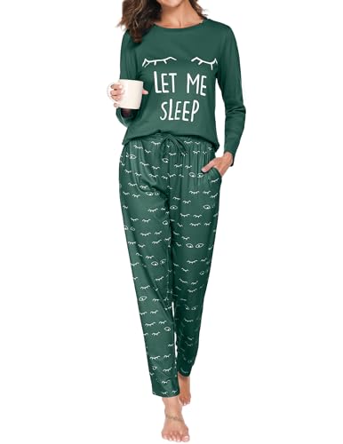 Reliwel Schlafanzug Damen Lang Baumwolle Pyjama Damen Rundhals Oberteil und Schlafanzughose Langarm Loungewear Sleepwear Hausanzug Nachtwäsche B#Dunkelgrün, XXL von Reliwel
