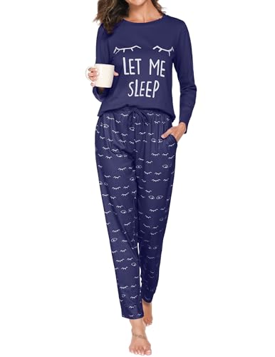 Reliwel Schlafanzug Damen Lang Baumwolle Pyjama Damen Rundhals Oberteil und Schlafanzughose Langarm Loungewear Sleepwear Hausanzug Nachtwäsche B#Navy Blau, XXL von Reliwel