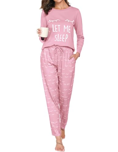 Reliwel Schlafanzug Damen Lang Baumwolle Pyjama Damen Rundhals Oberteil und Schlafanzughose Langarm Loungewear Sleepwear Hausanzug Nachtwäsche B#Rosa, L von Reliwel