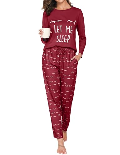 Reliwel Schlafanzug Damen Lang Baumwolle Pyjama Damen Rundhals Oberteil und Schlafanzughose Langarm Loungewear Sleepwear Hausanzug Nachtwäsche B#Rotwein, L von Reliwel
