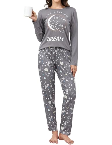 Reliwel Schlafanzug Damen Lang Baumwolle Pyjama Damen Rundhals Oberteil und Schlafanzughose Langarm Loungewear Sleepwear Hausanzug Nachtwäsche Grau, M von Reliwel