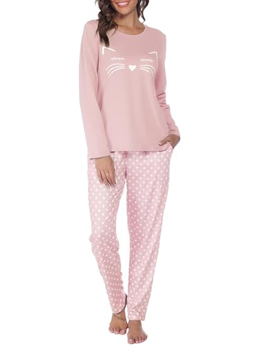 Reliwel Schlafanzug Damen Lang Baumwolle Pyjama Set Zweiteiliger Rundhals Oberteil und Schlafanzughose Süßer Katzendruck Sleepewear Herbst Winter Hausanzug Freizeitanzug A#Rosa, L von Reliwel