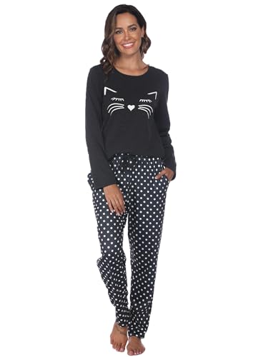 Reliwel Schlafanzug Damen Lang Baumwolle Pyjama Set Zweiteiliger Rundhals Oberteil und Schlafanzughose Süßer Katzendruck Sleepewear Herbst Winter Hausanzug Freizeitanzug A#Dunkelgrau, S von Reliwel