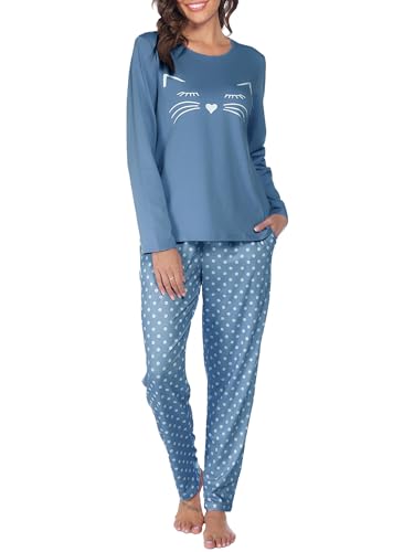 Reliwel Schlafanzug Damen Lang Baumwolle Pyjama Set Zweiteiliger Rundhals Oberteil und Schlafanzughose Süßer Katzendruck Sleepewear Herbst Winter Hausanzug Freizeitanzug A#Hellblau, XL von Reliwel