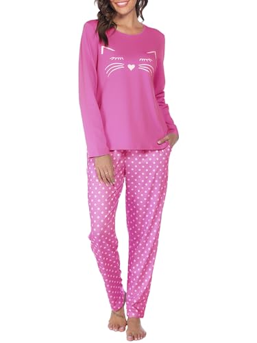 Reliwel Schlafanzug Damen Lang Baumwolle Pyjama Set Zweiteiliger Rundhals Oberteil und Schlafanzughose Süßer Katzendruck Sleepewear Herbst Winter Hausanzug Freizeitanzug A#Rosarot, M von Reliwel