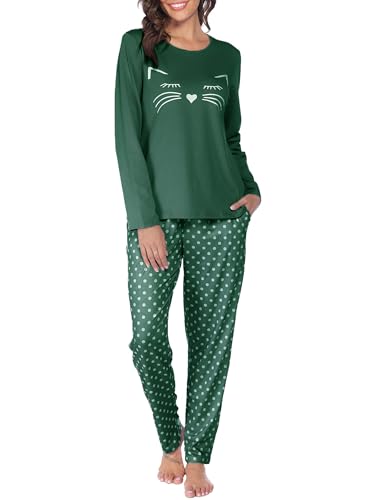Reliwel Schlafanzug Damen Lang Baumwolle Pyjama Set Zweiteiliger Rundhals Oberteil und Schlafanzughose Süßer Katzendruck Sleepewear Herbst Winter Hausanzug Freizeitanzug A#Grün, L von Reliwel