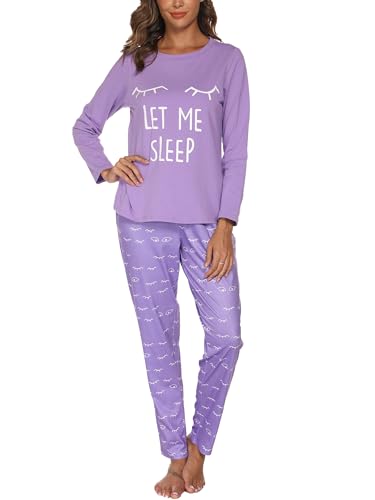 Reliwel Schlafanzug Damen Lang Baumwolle Pyjama Damen Rundhals Oberteil und Schlafanzughose Langarm Loungewear Sleepwear Hausanzug Nachtwäsche B#Lila, M von Reliwel