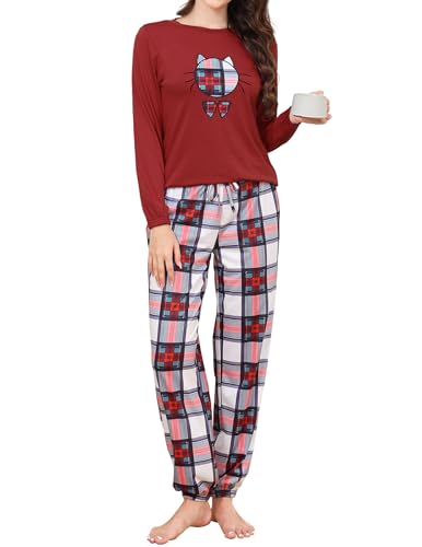 Reliwel Schlafanzug Damen Lang Baumwolle Pyjama Damen Rundhals Oberteil und Schlafanzughose Langarm Loungewear Sleepwear Hausanzug Nachtwäsche C#Weinrot, XL von Reliwel
