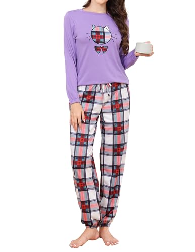 Reliwel Schlafanzug Damen Lang Baumwolle Pyjama Damen Rundhals Oberteil und Schlafanzughose Langarm Loungewear Sleepwear Hausanzug Nachtwäsche C#Lila, XXL von Reliwel
