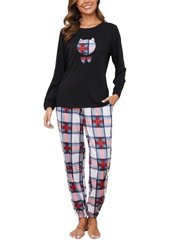 Reliwel Schlafanzug Damen Lang Baumwolle Pyjama Damen Rundhals Oberteil und Schlafanzughose Langarm Loungewear Sleepwear Hausanzug Nachtwäsche C#Schwarz, S von Reliwel