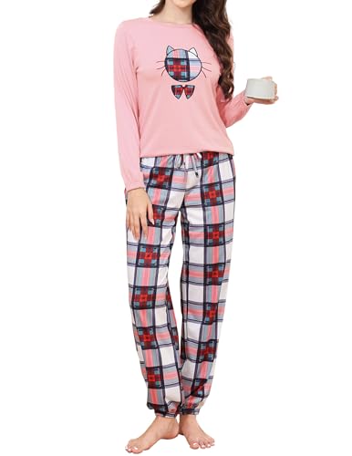 Reliwel Schlafanzug Damen Lang Baumwolle Pyjama Damen Rundhals Oberteil und Schlafanzughose Langarm Loungewear Sleepwear Hausanzug Nachtwäsche C#Rosa, L von Reliwel