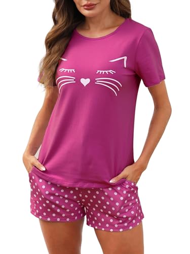 Reliwel Schlafanzug Damen Kurz Baumwolle Shorty Pyjama Damen Katzen Kurzarm Nachtwäsche Set Zweiteiliger Hausanzug Loungewear von Reliwel