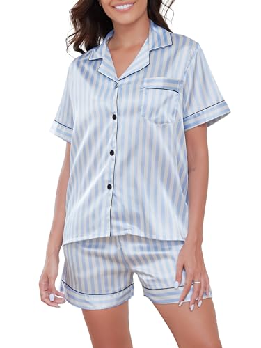 Reliwel Schlafanzug Damen Satin Pyjama Damen Kurz Set mit Knopfleiste V-Ausschnitt Zweiteiliger Pjs Sets Seide Nachtwäsche Kurzarm Sommer Hemdpyjama Hausanzug S-XXL von Reliwel