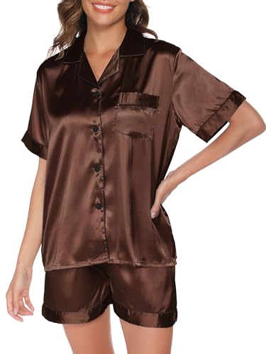 Reliwel Schlafanzug Damen Satin Pyjama Damen Kurz Set mit Knopfleiste V-Ausschnitt Zweiteiliger Pjs Sets Seide Nachtwäsche Kurzarm Sommer Hemdpyjama Hausanzug S-XXL von Reliwel