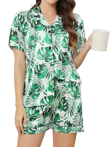 Reliwel Schlafanzug Damen Satin Pyjama Damen Kurz Set mit Knopfleiste V-Ausschnitt Zweiteiliger Pjs Sets Seide Nachtwäsche Kurzarm Sommer Hemdpyjama Hausanzug S-XXL von Reliwel