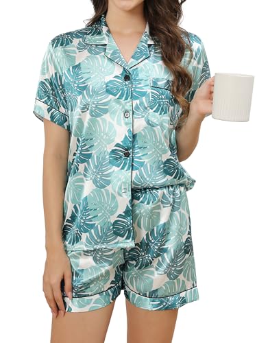Reliwel Schlafanzug Damen Satin Pyjama Damen Kurz Set mit Knopfleiste V-Ausschnitt Zweiteiliger Pjs Sets Seide Nachtwäsche Kurzarm Sommer Hemdpyjama Hausanzug S-XXL von Reliwel