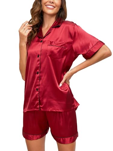 Reliwel Schlafanzug Damen Satin Pyjama Damen Kurz Set mit Knopfleiste V-Ausschnitt Zweiteiliger Pjs Sets Seide Nachtwäsche Kurzarm Sommer Hemdpyjama Hausanzug S-XXL von Reliwel