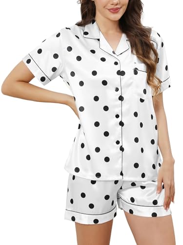 Reliwel Schlafanzug Damen Satin Pyjama Damen Kurz Set mit Knopfleiste V-Ausschnitt Zweiteiliger Pjs Sets Seide Nachtwäsche Kurzarm Sommer Hemdpyjama Hausanzug S-XXL von Reliwel
