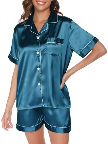 Reliwel Schlafanzug Damen Satin Pyjama Damen Kurz Set mit Knopfleiste V-Ausschnitt Zweiteiliger Pjs Sets Seide Nachtwäsche Kurzarm Sommer Hemdpyjama Hausanzug S-XXL von Reliwel