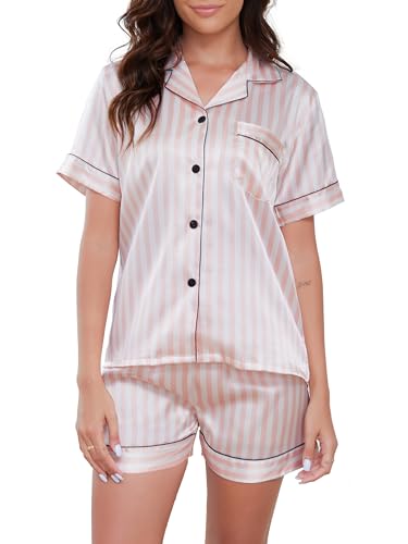 Reliwel Schlafanzug Damen Satin Pyjama Damen Kurz Set mit Knopfleiste V-Ausschnitt Zweiteiliger Pjs Sets Seide Nachtwäsche Kurzarm Sommer Hemdpyjama Hausanzug S-XXL von Reliwel