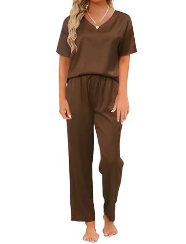 Reliwel Pyjama Damen Satin Schlafanzug Damen Lang Zweiteiler Hausanzug Kurzarm Top & Lang Schlafanzughosen V-Ausschnitt Pyjama Set Nachtwäsche Weich Pj Sets für Frühling Sommer Braun, S von Reliwel