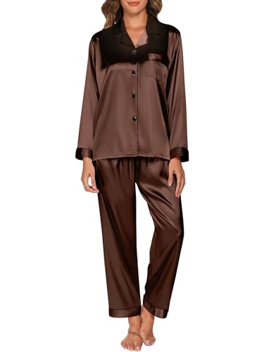 Reliwel Satin Schlafanzug Damen Langarm Pyjama Set mit Knopfleiste V-Ausschnitt Zweiteiliger Nachtwäsche Weiche Seiden Pyjamas Klassische Loungewear Hausanzug Pjs Braun, M von Reliwel