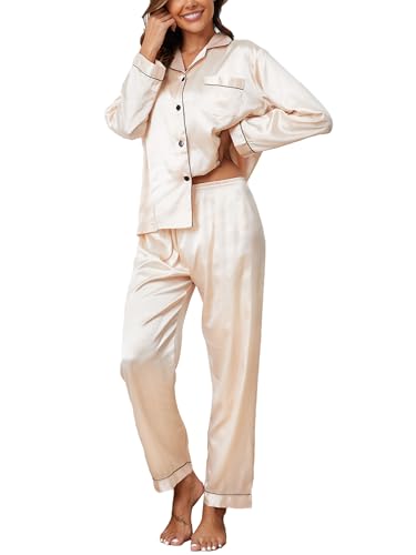 Reliwel Satin Schlafanzug Damen Langarm Pyjama Set mit Knopfleiste V-Ausschnitt Zweiteiliger Nachtwäsche Weiche Seiden Pyjamas Klassische Loungewear Hausanzug Pjs Champagner, L von Reliwel