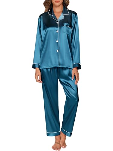 Reliwel Schlafanzug Damen Satin Schlafanzug Langarm Pyjama Set mit Knopfleiste V-Ausschnitt Zweiteiliger Nachtwäsche Weiche Pyjamas Klassische Loungewear Hausanzug Pjs Pfauenblau, L von Reliwel