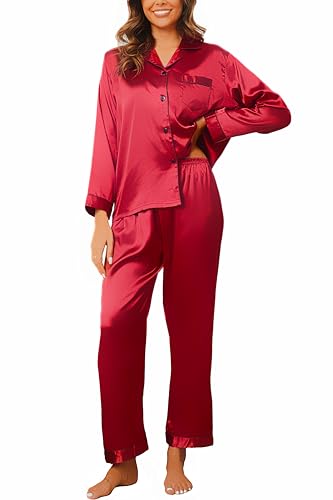 Satin Schlafanzug Damen Langarm Pyjama Set mit Knopfleiste V-Ausschnitt Zweiteiliger Nachtwäsche Weiche Seiden Pyjamas Klassische Loungewear Hausanzug Pjs Rot, XXL von Reliwel