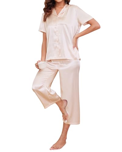 Reliwel Schlafanzug Damen Seide Pyjama Set mit Knopf Zweiteiler Satin Hausanzug Top Kurzarm und 3/4 Lang Pyjamahose Loungewear Freizeitanzug für Sommer von Reliwel