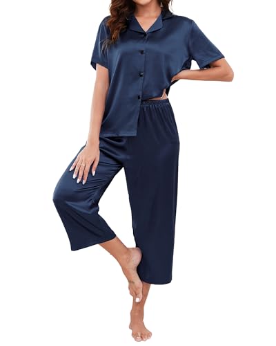 Reliwel Schlafanzug Damen Seide Pyjama Set mit Knopf Zweiteiler Satin Hausanzug Top Kurzarm und 3/4 Lang Pyjamahose Loungewear Freizeitanzug für Sommer von Reliwel