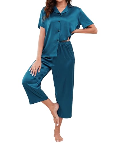 Reliwel Schlafanzug Damen Seide Pyjama Set mit Knopf Zweiteiler Satin Hausanzug Top Kurzarm und 3/4 Lang Pyjamahose Loungewear Freizeitanzug für Sommer Reliwel Schlafanzug Damen Seide Pyjama Set mit Knopf Zweiteiler Satin Hausanzug Top Kurzarm und 3/4 Lang Pyjamahose Loungewear Freizeitanzug für Sommer von Reliwel