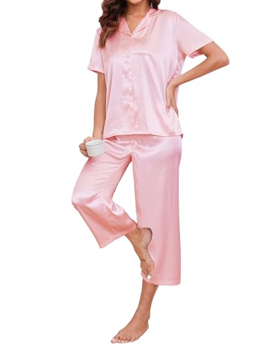 Reliwel Schlafanzug Damen Seide Pyjama Set mit Knopf Zweiteiler Satin Hausanzug Top Kurzarm und 3/4 Lang Pyjamahose Loungewear Freizeitanzug für Sommer von Reliwel