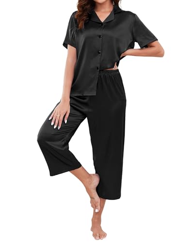 Reliwel Schlafanzug Damen Seide Pyjama Set mit Knopf Zweiteiler Satin Hausanzug Top Kurzarm und 3/4 Lang Pyjamahose Loungewear Freizeitanzug für Sommer von Reliwel